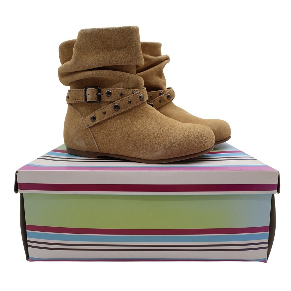 L'Amour Slouch Ankle Boots Kids Size 13 Tan Leather Studded Buckle Strap A612